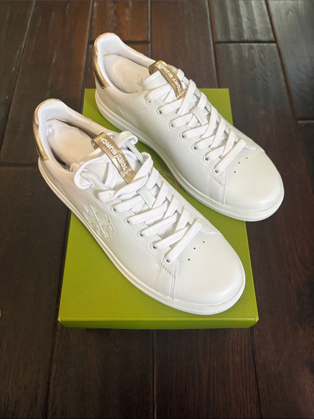 Tory Burch White Leather Sneakers with Gold Heel and Tongue Accent